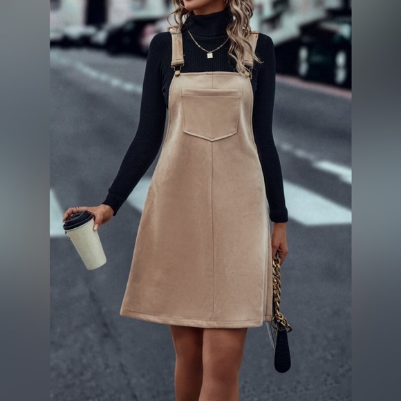 Tan Faux Suede Jumper Dress | Overall | Size Large Women’s - Picture 4 of 12